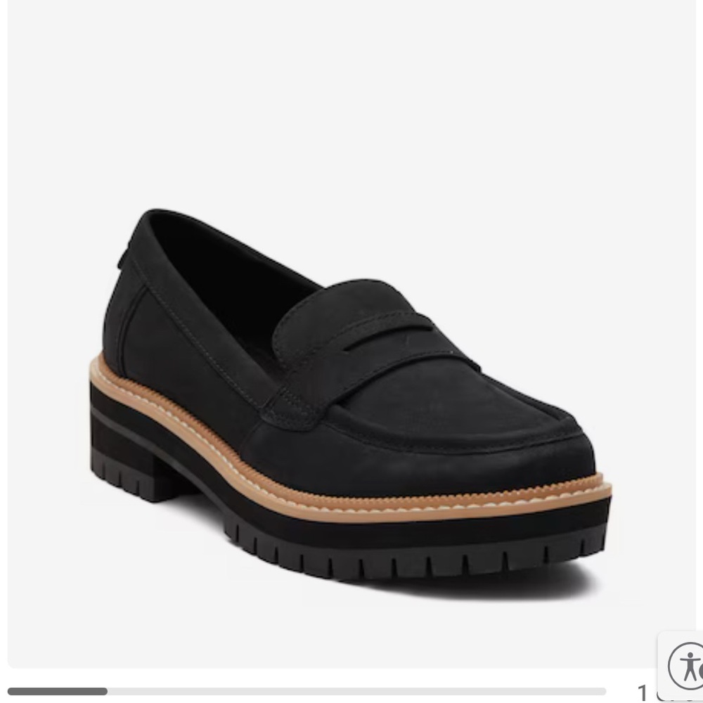 Toms Black Penny Loafers with Tan Trim